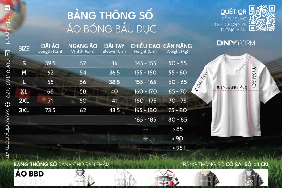 Bảng thông số áo bóng Bầu dục
